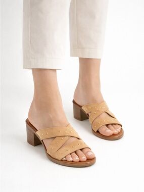 Made In Italy Mila Paoli Leather Sandals Studded Tan Women Size 7.5